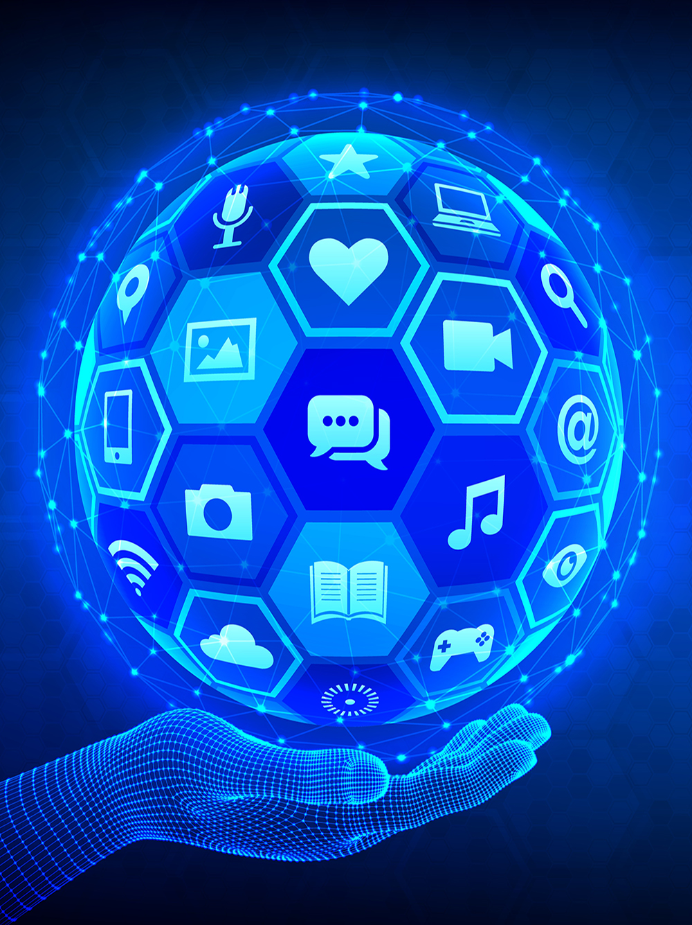 Social media global connection concept. Social networking and blogging. Abstract 3D sphere or globe with surface of hexagons with a different social media icons in wireframe hand. Vector