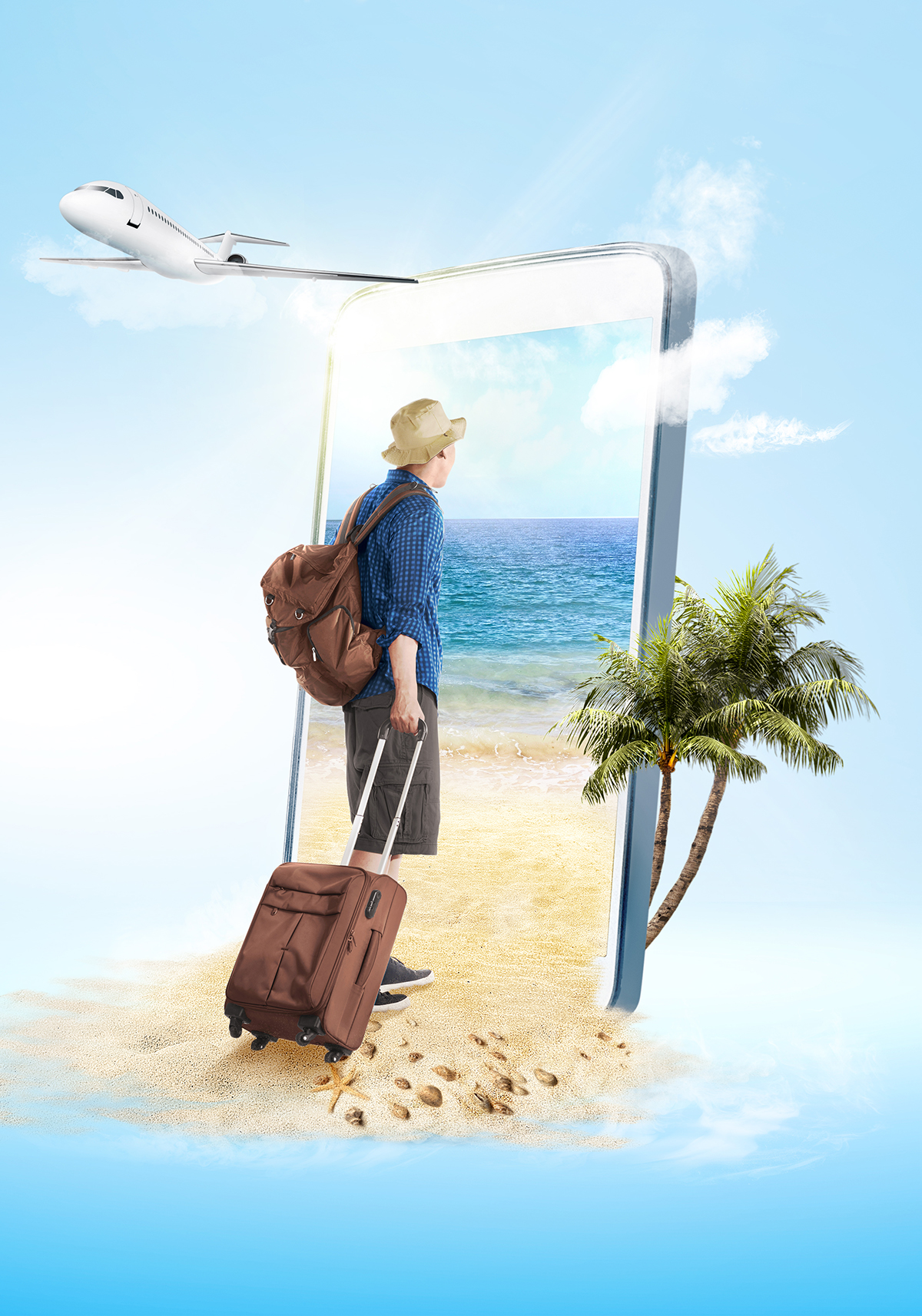 Mobile phone with blue background. From the phone screen comes rear view of asian man in hat with suitcase bag and backpack walking to the beach and plane flying on the sky to the outside. Traveling concept